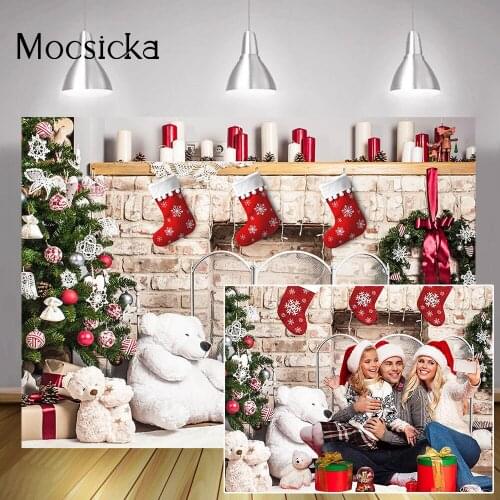 Christmas Fireplace Backdrops Photography Bear Gifts Xmas Tree Sock Candle Background Winter Family Party Portrait Decorations