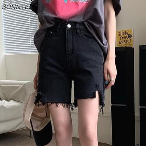 Shorts Women Knee-length High Waist Ripped Black Summer Slim Casual Empire Ins Streetwear All-match Quality Fashion Mujer Tassel