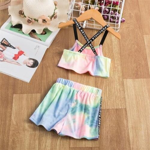 Girls Backless Cross Spaghetti Straps Tank Top + Elastic Waist Short Pants Sport Wear Tie Dye Kids Girls Clothes Sets Tracksuit