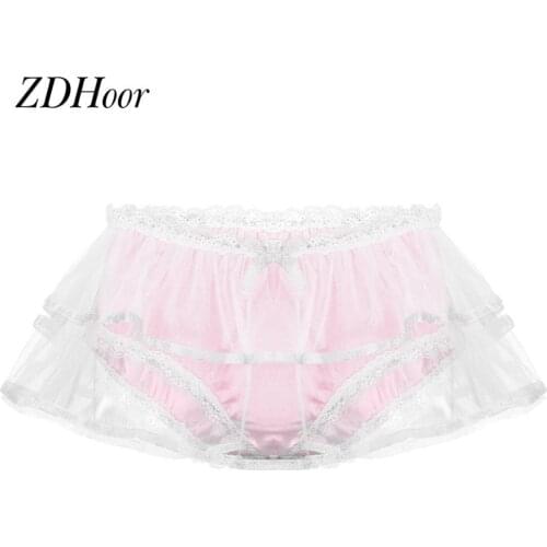 Mens Hot Erotic Underwear Gay Men Sissy Smooth Satin Lingerie Panties Double Mesh Layers Lace Trim Briefs Underwear Nightwear