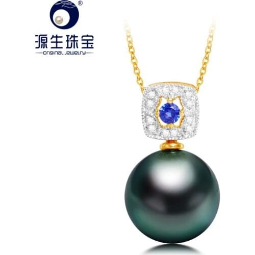 YS 18K Solid Gold Zircon Pendant 9-11mm Genuine Saltwater Cultured Tahitian Pearl Pendant Necklace