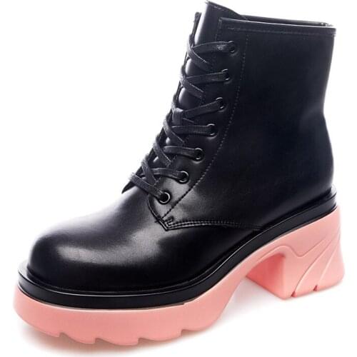 Krasovki Platform Block Heel Chunky 2021 Women Boots Genuine Leather Autumn Winter Motorcycle Booties Platform Thick Sole Shoes