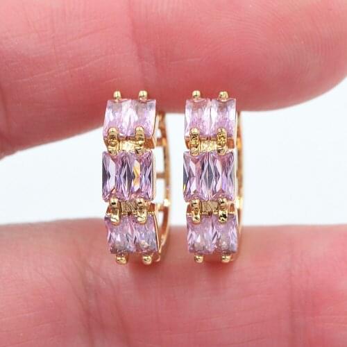 Gold Color Women Stylish Pink Cubic Zirconia CZ Huggie Hoop Earrings Jewelry