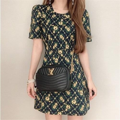 Fashion High Quality Floral Print Woman Dress O Neck High Waist Casual Korean Style Dresses For Women Short Sleeve Slim Vestido