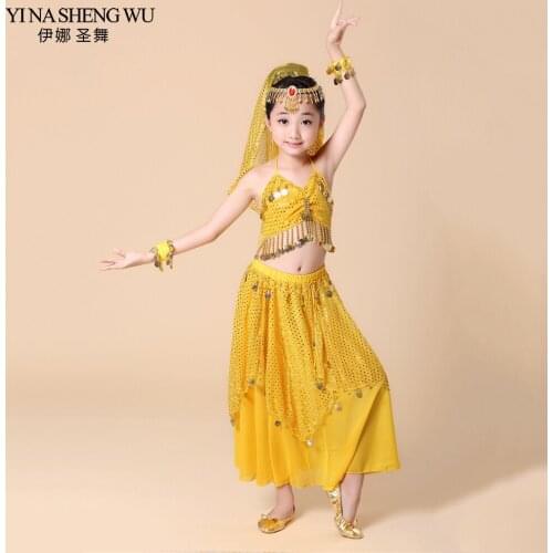 2018 Children Belly Dance 4 pcs/Set(Top+Skirt+Bracelet+Headdress) Indian Dance Clothes Girls Belly Dance Bollywood Costume H009