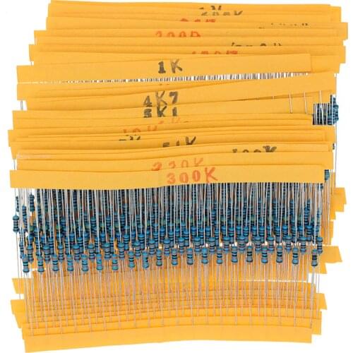 30 Kind 1/4W Resistance 1% Metal Film Resistor Assorted Kit Each 20 Total 600pcs 47Ω/220Ω/1K/10K/47K/68K/100K/220K/1M