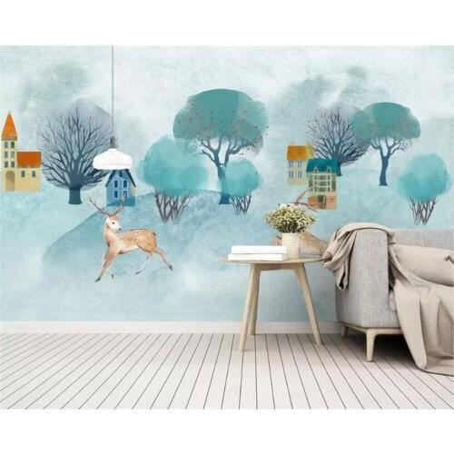 Beibehang Custom 3d wallpaper mural Small fresh Large HD hand painted watercolor cartoon elk big tree background wall wallpaper