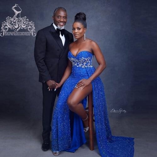 Sparking Beaded Sequins Lace Evening Dress Sexy Side Split African Women Evening Gowns With Train Luxury Bridal Dresses Aso Ebi