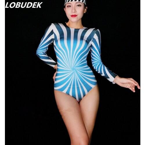 Sexy Blue Printing Bodysuit Long Sleeve Stretch Jumpsuit Nightclub Women DJ Stage Outfit Bar Party Dancer DS Performance Costume