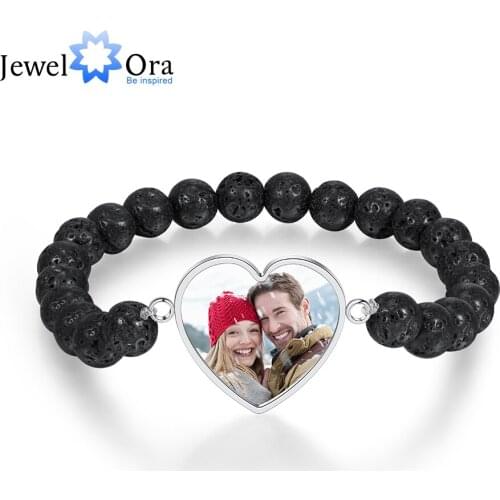 JewelOra Personalized Colorful Picture Heart Bracelets for Men Stainless Steel Custom Photo Beaded Chain Bracelet Christmas Gift