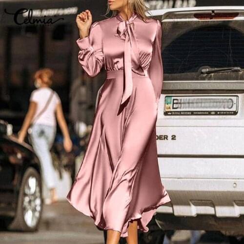Celmia Women Satin Silk Maxi Sundress 2021 Elegant Long Sleeve Casual Wrap Kleid Strappy Bow Tie Long Dress Sheath Lady Vestidos