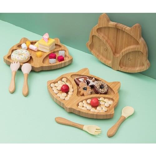 Wooden baby food bowls and dishes for children feeding and feeding set fox children baby tableware dinner plate baby feeding