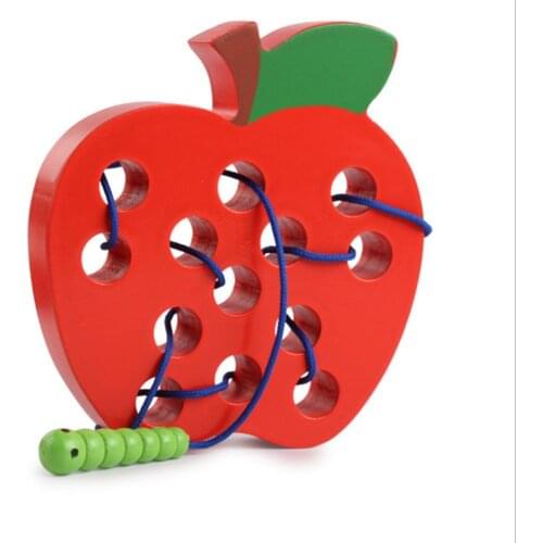 Kids Montessori Educational Wooden Toy Fun Thread Wood Toy Shape Cognize Worm Eat Apple Cheese Early Learning Teaching