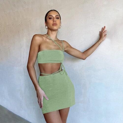 Two Piece Set Women Skirt Halter Combinaison Summer Bandage Top Blouses Falda Mini Saia Sexy Corset Conjunto Mujer Short Sets