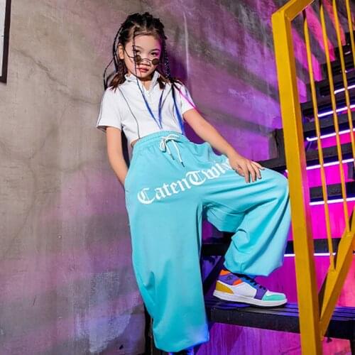 Street Dance Costume Girls Childrens Day Performance Stage Wear Jazz Dancing Outfit Summer Dancewear Loose Wig Leg Pants YS1454
