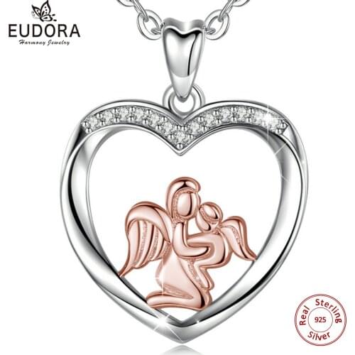 EUDORA Fashion Angel mom Angel Baby Pendant Rose Gold Mother and Baby Necklace Mothers Day best Gift good luck jewelry with box