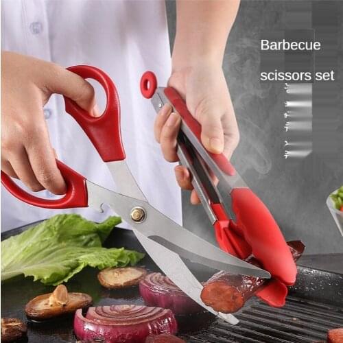Korean Barbecue Scissors and Clip Set Stainless Steel BBQ Scissors BBQ Tongs Kitchen Scissors Cooking Scissors Pissa Scissors