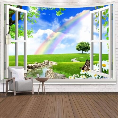 Natural window view Tapestry wall hanging Rainbow Forest Wonderland Art Carpet Living room fabric home decoration
