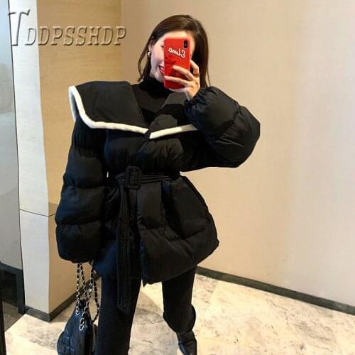 2019 New Korean Lapel Women Parkas Waist Strap Black Blue Color Female Overcoat
