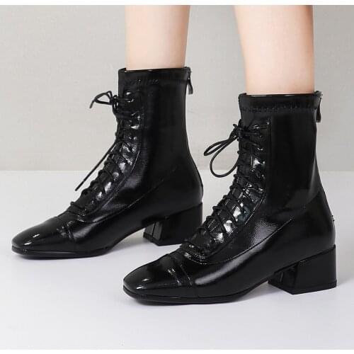 2021 New Lace-Up Patent Leather Square-Toe Womens Shoes Thick Heel Stitched Back Zipper, Street Trend Bright Ankle Boots
