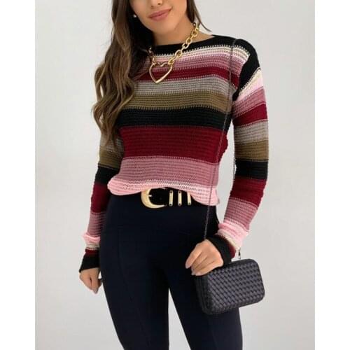2020 autumn and winter sweater round neck pullover contrast color striped long sleeve sweater Casual slim jersey mujer wn