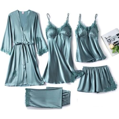 Sexy Sleepwear Women Pajamas Set Satin 5PCS Nightwear Kimono Bathrobe Gown Lace Intimate Lingerie Lounge Wear Soft Pyjamas