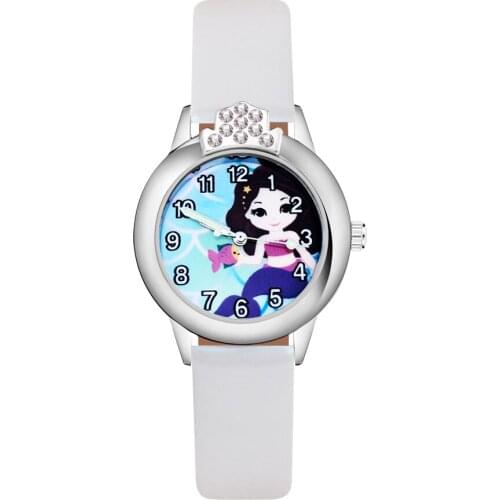 Cartoon Mermaid Crystal style Childrens Watches Kids Student Girls Quartz Leather strap Wrist Watch Clock JK93