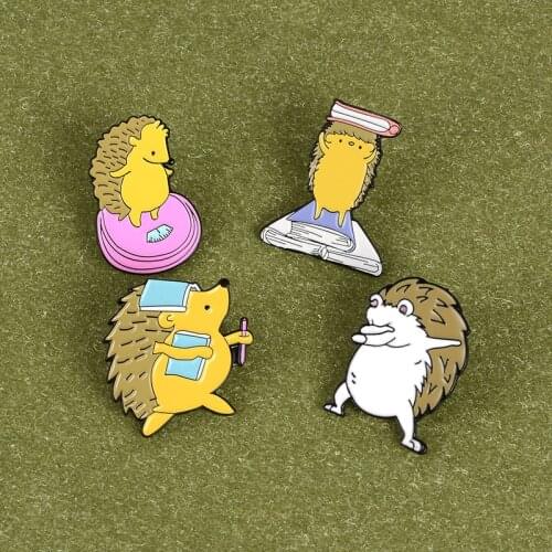 Lovely Cool Handsome Hedgehog Cartoon Animals With Book And Pen Swag Brooch Hedgehogs Weigh Themselves Fascinating Pins