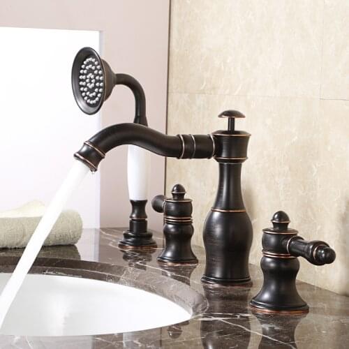 Black Four Pcs Bathtub Faucet Deck Mount Double Handles Hand Sprayer Brass Bathroom Bathtub Mixer Taps Shower Set