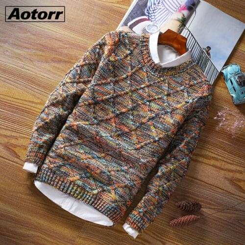 Mens Autumn Casual Sweaters Vintage Mixed Color Cotton Sweater Pullovers Men Winter O-Neck Fashion Warm Thick Jacquard Sweaters