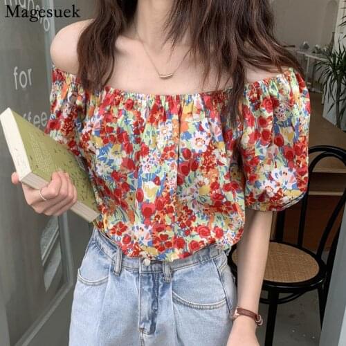 Vintage Floral Printed Chiffon Blouses Women Korean Sexy One-shoulder Strapless Top Female Summer Beach Loose Casual Shirt 15360
