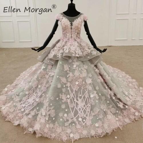 Silver with Pink Lace Wedding Dresses for Women Cap Sleeves 3D Flowers Princess Saudi Arabian Colorful Bridal Gowns 2020