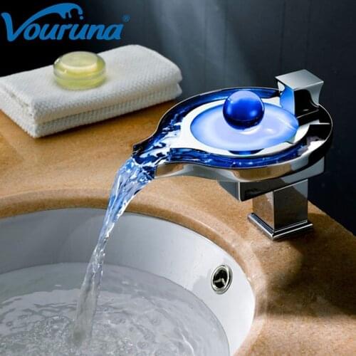 VOURUNA No Need Battery Bathroom Faucet Water Powered Round Led Waterfall Basin Faucet Temperature Sensing