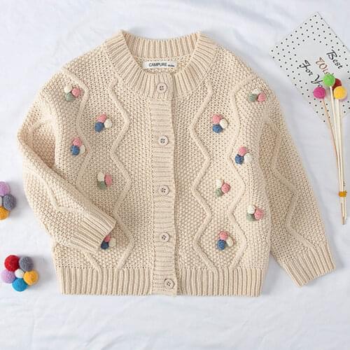 Korean Style Autumn Winter Baby Girls Knitted Cardigan Coat Kids Long Sleeve Sweater Handmade Hair Ball Cardigan Sweater