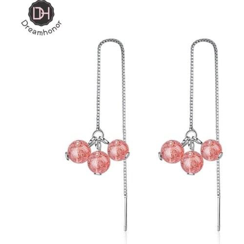 Dreamhonor 925 Sterling Silver Long Chain Earrings Strawberry Quartz Beads Earrings Simple Fashion Wedding Jewelry Accessories