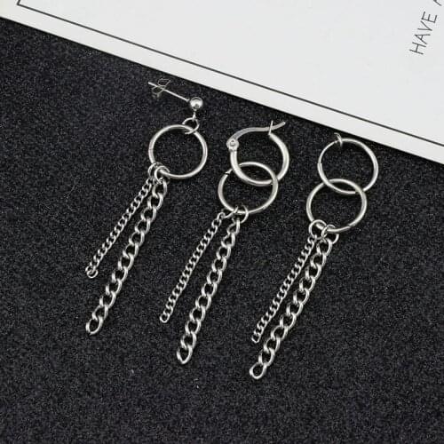 Unisex Korean Boys Guys Punk Stud Earrings Stainless Steel Long Chain Circle Pendant Ear Clip Women Men Hipster Grunge Accessory