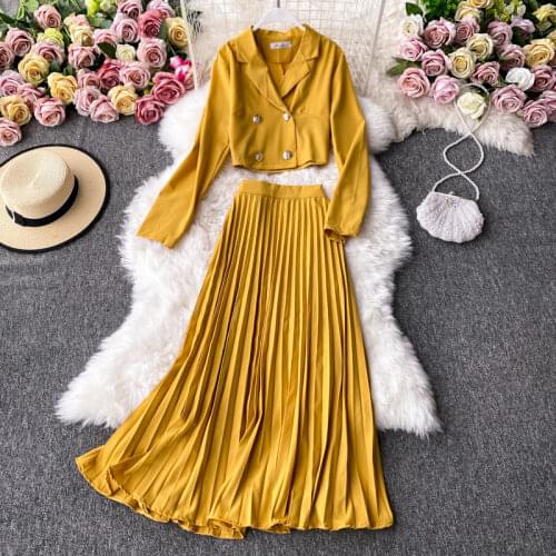 2 Piece Office Set Women Long Sleeve Crop Top And Long Pleated Skirt New 2020 Spring Autumn Fashion Ladies Solid Causal Suit Set