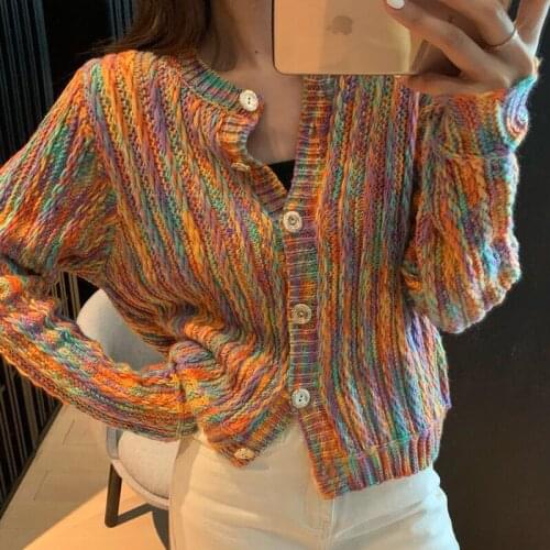 Womens Vintage Rainbow Color Knitwear Autumn Sweet Ladies Short Cardigan Coats Women Single-breasted Loose Knitted Sweater Tops