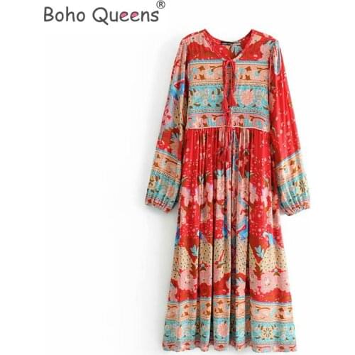 Boho Queens Women tassel red floral print beach long Bohemian Maxi dress Ladies rayon cotton pleated vestidos
