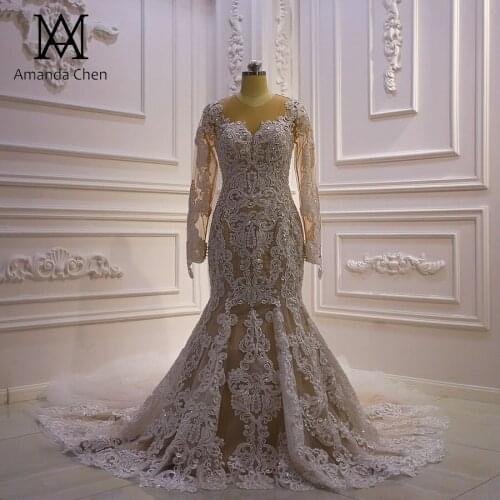 Dresses for women 2020 Long Sleeve Lace Applique Champagne Mermaid Wedding Dress