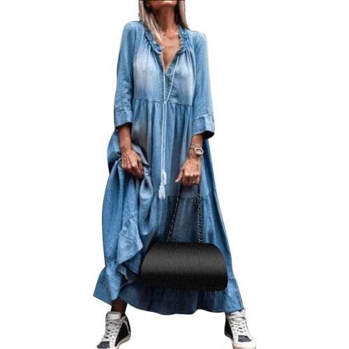 Hot Sale Women Vintage Dress Lace V Neck 3/4 Sleeve Large Hem Tassel Loose Maxi Denim Dress Plus Size 3XL