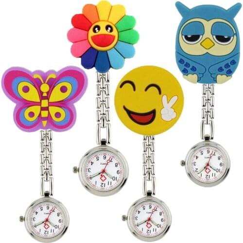 10pcs/lot 3D cartoon Smile flowers animal felt nurse doctor women mens alloy chain pocket clip watches for hospital medical gift