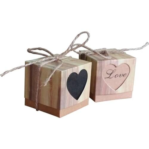 100 Packs Gift Box DIY Kraft Paper Love Candy Box Wood Grain Heart-Shaped Hollow Candy Box