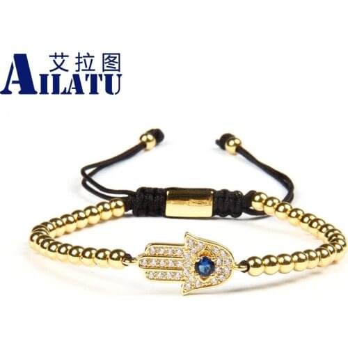 Ailatu Wholesale 10pcs/lot Micro Pave Cz Hamsa Fatima Hand Macrame Bracelets with 4mm Stainless Steel Beads