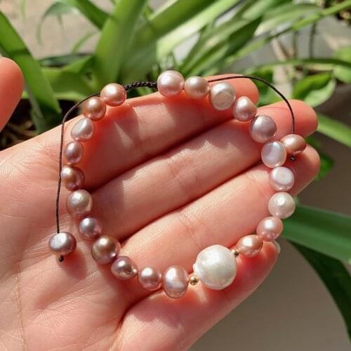 Irregular Baroque Pearl Charm Strand Purple Pink Color Natural Freshwater Pearl Bracelets Wristband Wedding Jewelry Friend Gifts