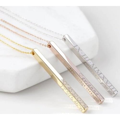 Four sides carved pendant Fun name symbol custom square necklace Charm man bar necklace Gold chain Christmas gift Bijoux femme