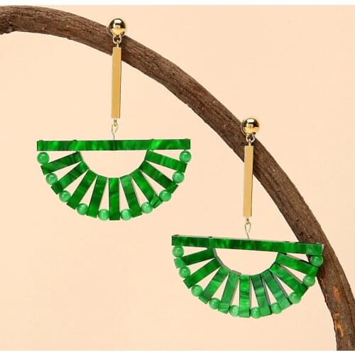 DOYUBO Show Style Holiday Earrings Green Acrylic Handmade Fan Shape Earrings Luxury Party Copper Drop Earring Fine Jewelry EA011