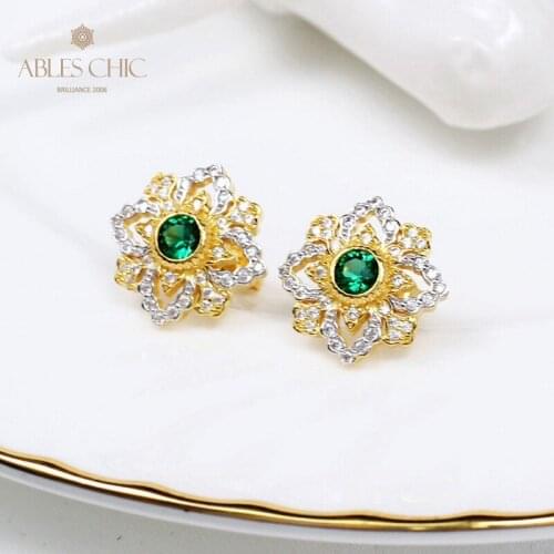 Two Layer Clover Earrings 925 Silver Paved CZ Flower Petal Earring 18K Gold Tone Renaissance Emerald Blossoms Studs C11E4S25494