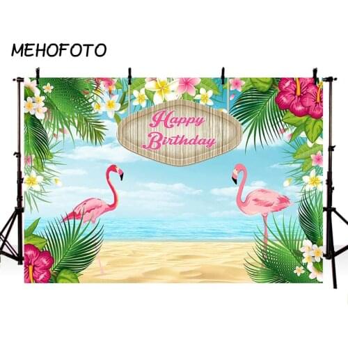 MEHOFOTO Flamingo Birthday Party Photography Backdrop Beach Flower Photo Background for Photobooth Studio
