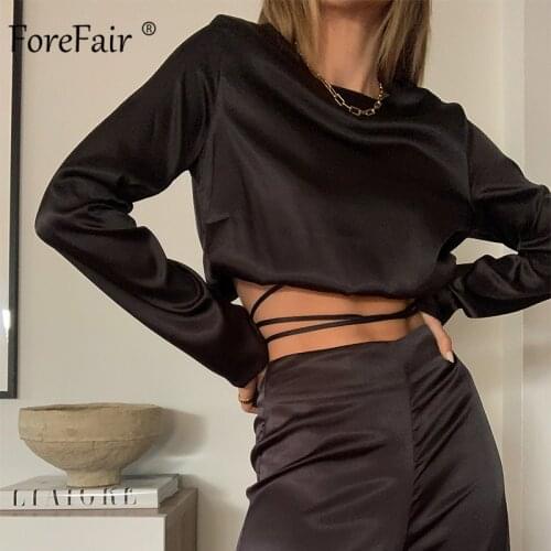 Forefair Tie Waist Sexy Crop Top Satin Slip Round Neck Long Sleeve Tunic Cropped Women T Shirts